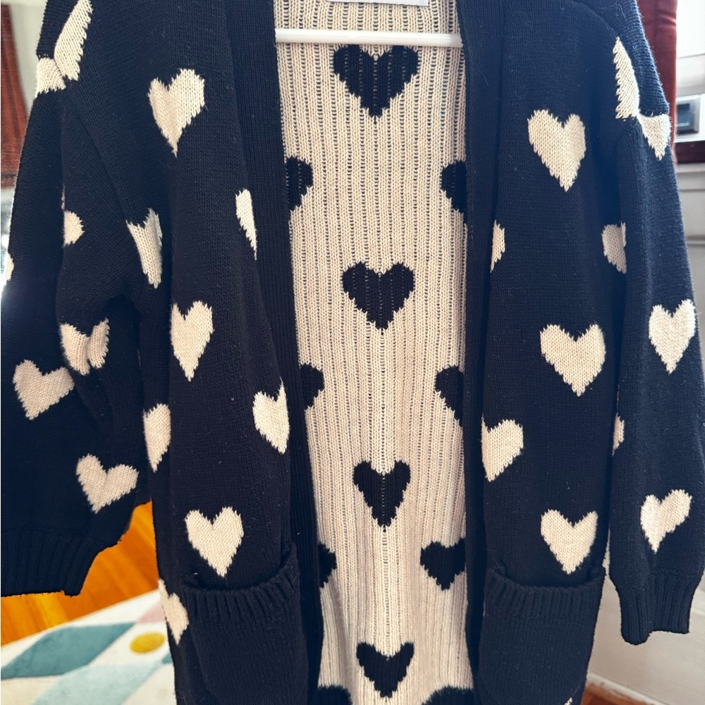 2 Old Navy Cardigans- Black and Cream Heart Knit Open Cardigan, Rust button down